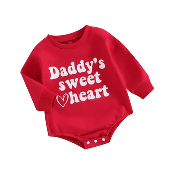 Baby Girl Romper Valentīna Diena Cute Sarkans Sirds Vēstules Modelis ar garām Piedurknēm ar Apaļu Kakla Bodysuit Apģērbs