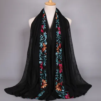 2023 Rudens Modes Izšūt Viskoze Šalle Sievietēm Vienkārša Dūrienu Kokvilnas Šalles, Šalle Tumši Zilā Ziedu Sjaal Musulmaņu Hijab Foulards