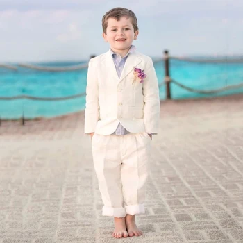 2022 Kostīms, Bēšs Zēnu Uzvalki Beach Kāzu Bērniem Žakete Robots Atloks Bērnu Līgavainis Tuxedos Formālās Valkāt Gabals 2