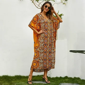 Musulmaņu Sieviešu Apģērbu Apdrukāšana Modes Gadījuma Plus Lieluma V-Veida Kakla Kleita Jalabiyat Marokas Āfrikas Caftan Dienas Puse