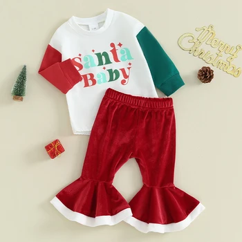 Infant Baby Girl Ziemassvētku Drēbes Vēstuli Izdrukāt Garām Piedurknēm Romper Samta Izlīdzināšanu Bikses Kontrasta Krāsu Apģērbs