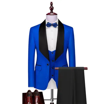 2023 Jaunu Vīriešu Uzvalki, Royal Zils/Melns Līgavainis Šalle Satīna Atloks Groomsmen Kāzu Labāko Vīriešu ( Jaka+Bikses+Veste )