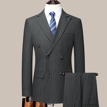 Līdz 2023. gada Rudenī Jaunā Dubultā Krūtīm, Svītraina (uzvalks + Bikses) Kāzu Uzvalks Stilīgs un Skaists Banketa Biznesa Ikdienas Tērps, 2 Komplekti