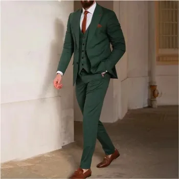 Zaļā Oficiālu Vīriešu Uzvalki 3 Gabali Sasniedza Atloks Vienu Krūtīm, Žakete Līgavainis Kāzu Kleitu Uzņēmējdarbības Tuxedos Uzvalks, Žakete+Veste+Bikses