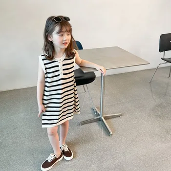 Tīras Kokvilnas Bērnu Apģērbs Mazulim Meitene Bērniem Vasarā Jaunu korejiešu Stilā, Plānas Šuves Vidū-Garums Polo Kleita