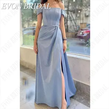 EVON LĪGAVAS Elegants Baby Blue Satīna Puse Kleita Vienkārša Sirēna Backless Vakara Kleitas Pie Pleca Vestidos De Gala Mujer 2024