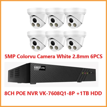 CCTV KOMPLEKTI Hikvision OEM vrr VK-7608Q1-8P ar 1 TB hdd 6PCS 5MP BALTA KAMERA 2.8 MM