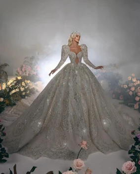 Izsmalcinātu Princese Pērles, Vizuļi Kāzu Kleitas Ar Garām Piedurknēm Pasūtījuma Izgatavotu Kāzu Balles Kleitas Vestidos De Novia