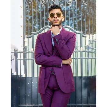 Jauno Modes Purpura Vīriešu Kāzu Uzvalks Līgavainim Vakariņas, Biznesa Vakaru Kopa Dzimšanas dienas svinības Valkā (Žakete+Veste+Elsas) de trajes hombre
