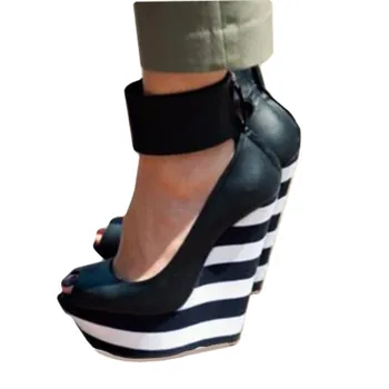 SHOFOO kurpes Sexy sieviešu augstpapēžu Peep toe sūkņi Par 15 cm, papēža augstums Svītrainām ķīļveida papēžiem. Modes Skate Banketa Naktsklubs
