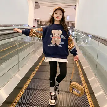 Rudenī un Ziemā, meitenes korejiešu stilā casual brīvs, vidējiem un lieliem bērniem, multiplikācijas filmu lācis garām piedurknēm apkakli modes jaka