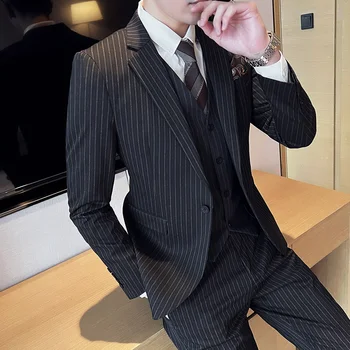 2023 Smalks svītrains vīriešu uzvalks (uzvalks + veste + bikses) Britu Modes hgh-end korejas slim skaists biznesa sut kleitu, trīs-pece komplekts