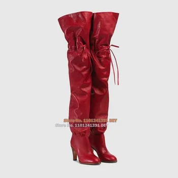 Sarkanā krāsā Minimālisma Chunky Papēžiem Classic Sieviešu Luksusa Zābaciņi Norādīja Toe Mežģīnes Up Virs Ceļgala Ilgi Boot Plus Lieluma 35-43