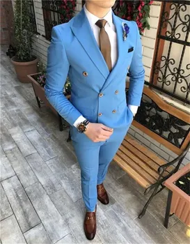 Pasūtījuma Vīriešu Uzvalki, Double Blue Krūtīm, Līgavainis Tuxedos Maksimālā Atloks Groomsmen 2 Gab. Komplekts ( Jaka + Bikses + Tauriņu) D472