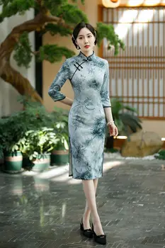 Bēšs Melns 3/4 Piedurknes Vidus Ilgi Cheongsam Plus Lieluma Elegants Tradicionālo Vakara Kleitas Jaunu Ķīniešu Stilā Vintage Kleita Qipao