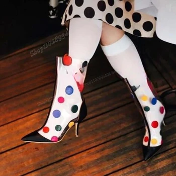 Krāsains Dot PVC Vidum Teļš Zābaki Skrejceļa Stila Norādīja Toe Duncis Augsta Papēža Sieviešu Kurpes 2023 Modes Sexy Zapatos Para Mujere