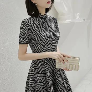 2023 ķīnas uzlabota modes retro stila svītru īsām piedurknēm stāv apkakle cheongsam kleita sievietēm vasarā elegants ikdienas qipao s462