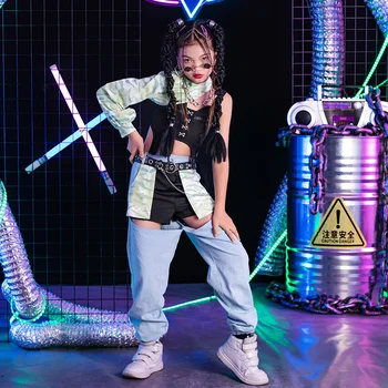 Ielu Dejas Tērpu Hip Hop Deju Apģērbs Meitenēm Vienu Piedurknēm Topi Dobi No Kravas Bikses Bērniem Džeza Dancewear YS4846