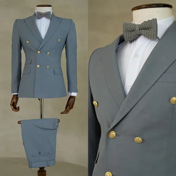 Pelēks Oficiālu Vīriešu 2-Gabals Uzvalks Uzstādīt Dubulto Krūtīm, Klasiskās Līgavainis Kāzu Uzvalku Augstas Kvalitātes Biznesa Pantsuit Jaka un Bikses