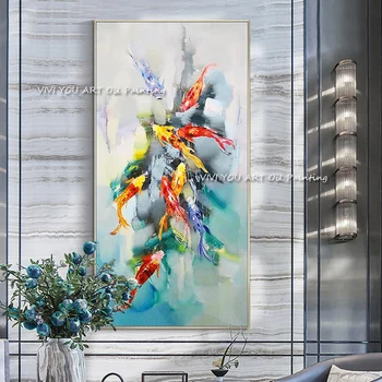 Mūsdienu mākslinieks 100% roku apgleznoti krāsains zelta Zivtiņa eļļas glezna bieza zilā audekla roku darbs mājās apdare, dzīvojamā istaba māksla