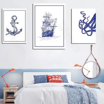 Vidusjūras Minimālisma Interjers Glezna Jūras Jahtu Astoņkāji, Krabji, Audekls Drukāt Sienas Art Blue Attēlu Plakātu Guļamistaba Murals