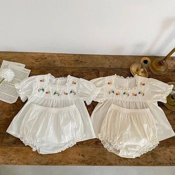 Vasara Zīdainis, kas Baby Girl Apģērbu Komplekts Īsām Piedurknēm Kokvilnas Izšūti T-krekls+PP Bikses Infant Baby Meiteņu Drēbes Uzvalku