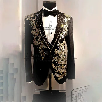Luksusa Zelta Appliques Vīriešu Uzvalki Fāzēm Sasniedza Atloks Kāzu Līgavainis Tuxedos 3 Gabalu Komplekti, Līgavaiņa Balli Bleizeri Kostīmu Homme