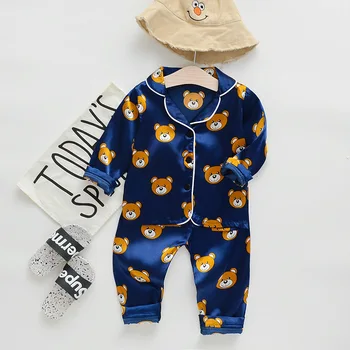 DIIMUU Pavasara Modes Bērnu Sleepwear Komplekti Bērniem Drēbes Toddler Zēns Meitene Ledus Zīda Satīna garām Piedurknēm Topi, Bikses, Pidžamas Komplekts