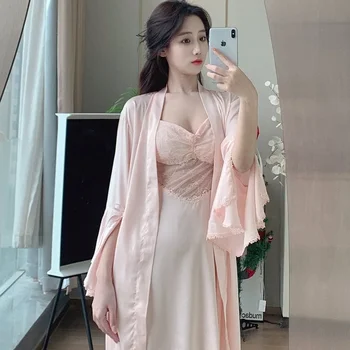 Līgava Rozā Sieviešu Twinset Drēbes Tērpu Komplekts Mežģīņu Peldmētelis Kimono Naktskrekls Uzvalks Nightdress Sleepwear Pavasara Vasaras Satīna Loungewear