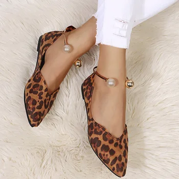 Jaunā vienotā kurpes sieviešu 2022. gadā-pavasarī un rudenī sekla muti zamšādas dzīvoklis leopards drukāt pērle vienas kurpes sieviešu kurpes