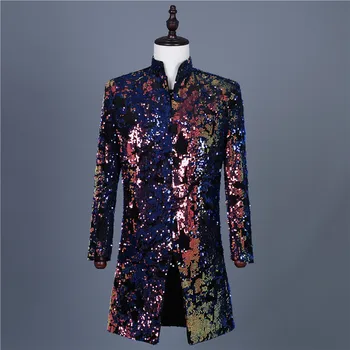 2023Men s ziedu zila, violeta melna samta sequin modes tendence ikdienas žakete Eiropas un Amerikas spīdīgs mētelis bumbu kleita