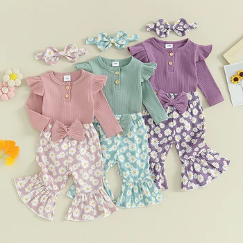 Pavasarī Baby Meitenes 3 Gabals Tērpiem Salātu Garām Piedurknēm Kombinezonus Ziedu Drukāt Elastīgs Uzliesmojuši Bikses Galvu Gadījuma Apģērbu Komplekti