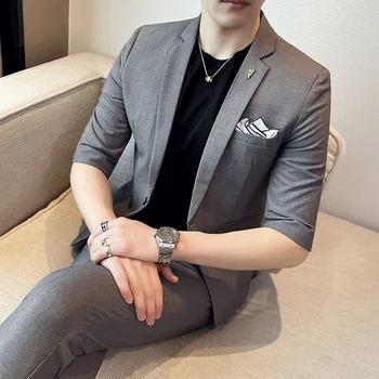 （Jaka +Bikses）Augstas kvalitātes korejiešu Stila Vīriešu Slim Biznesa Oficiālu Sociālo Uzvalks vienkrāsainu Vasaras Vidū-piedurknes Kāzu Uzvalks Groomsman