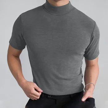 A2623 Vīriešiem Plānas T Krekls Tīrtoņa Krāsu Augstu Apkakli, Augstu Uzrullētu Apkakli Īsām Piedurknēm Streetwear Fitnesa Ikdienas Vīriešu Apģērbs 2023 Atpūtas