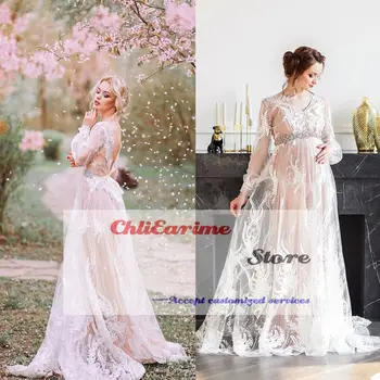Balta Mežģīņu Kāzu maternitātes Drēbes Kāzu Tērpi Sievietēm 2023 Līgava Luksusa Pasūtījuma Peldmētelis Grīdas Garums Buduārs Dzimšanas dienas svinības