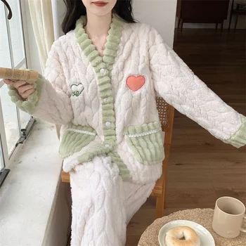 Vīriešu Un Sieviešu Jauns Coral Fleece Mājas Apģērbu Flaneļa Pidžamas korejas Rudenī, Ziemā Pāris tīrtoņa Krāsu Sabiezēt Sleepwear Komplekts