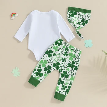 Baby Boy Īrijas 3 Gabals Apģērbs Shamrock Drukāt garām Piedurknēm Kombinezonus un Elastīgās Bikses Beanie Uzstādīt Rudenī Pavasara Drēbes
