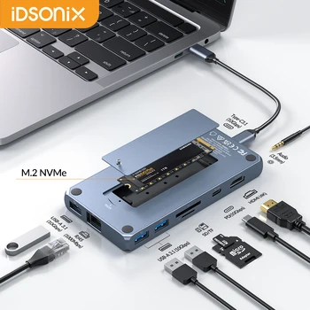 IDSONIX USB C dokstacija ar M. 2 NVMe SSD Ārējās Kameras Tips C 3.1 HUB Paplašinājumu HDMI 4K PD 100W RJ45 SD/TF PC