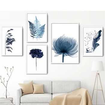 Zila augu ziediem un lapām Abstraktā Audekls Gleznošanai Mājās, Mākslas Plakāti, Guļamistabas Koridora Uzlīmes Ziemeļvalstu Apdare
