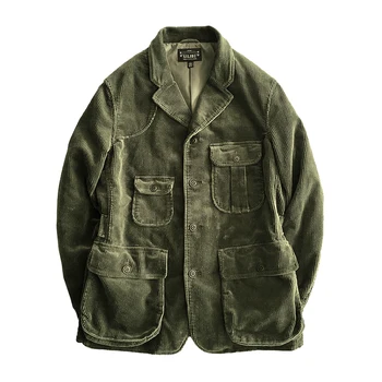 Vīriešu Velveta Uzvalku Multi-kabatas Zaudēt Thcik Olivers Zaļo Svītru Safari Jaka Pavasarim, Rudenim Rietumu Biker Vintage Drēbes