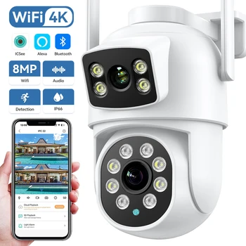 4K 8MP PTZ WIFI IP Kameras Ai Cilvēka Atklāt Auto Izsekošana Dual Objektīvs H. 265 ICsee Bezvadu Āra 4MP CCTV drošības Kameras
