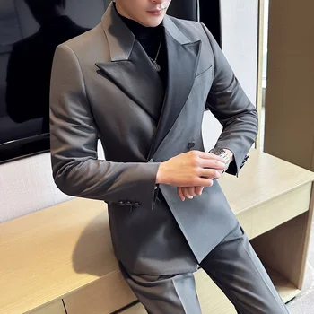 Jaunu lielu atbildības Sajūtu (uzvalks+bikses) Vīriešu Modes Biznesa Atloks Apkakli Divu krāsu Tekstūras Audums Dubultā Krūtīm, Džentlmenis Kāzu Uzvalks