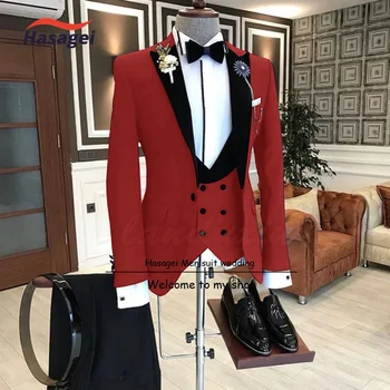 Sarkans Vīriešu Trīs-gabalu Formāls Uzvalks, Kāzu Līgavaiņa Uzvalku Sasniedza Apkakles Dizaina Žakete Vīriešu Skaists Apģērbs